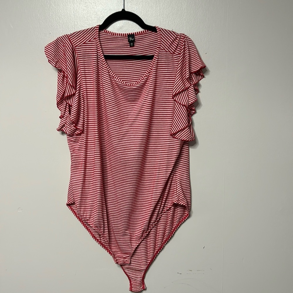 Red and white striped bodysuit with ruffle sleeves 2X